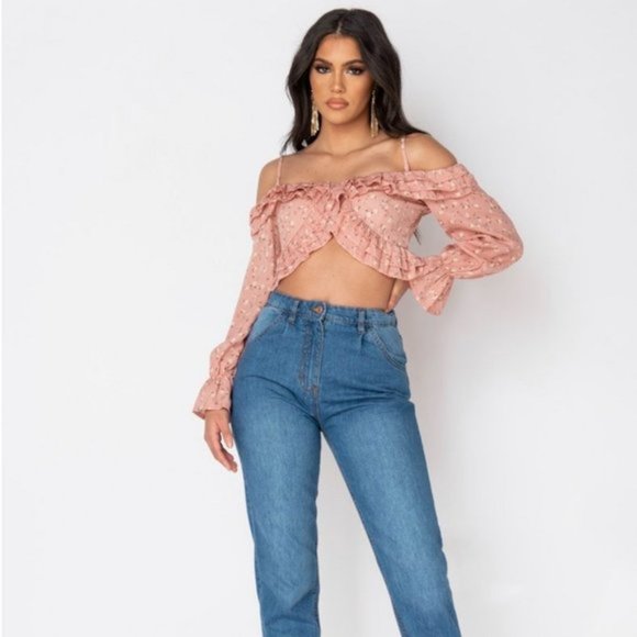Pink Floral Print Long Sleeve Cold Shoulder Ruffle Crop Top - Picture 4 of 16